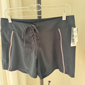 Roxy Navy Board Shorts with Lace-Up Front & pink/olive piping